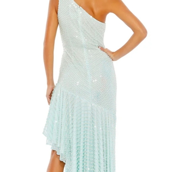 One Shoulder Pearl and sewuin Asymmetrical Hem Gown Seafoam NWT 12 - Picture 3 of 6